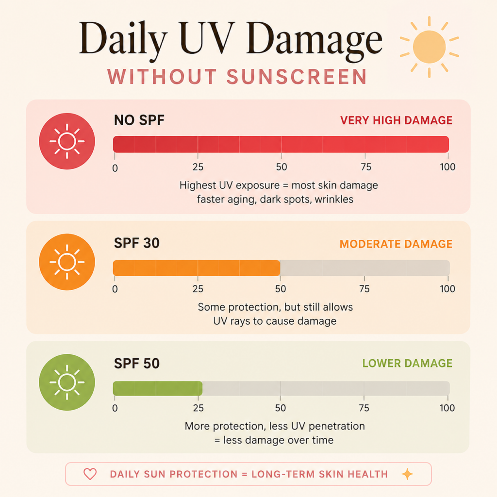 Diagram comparing daily UV skin damage with no sunscreen, SPF 30 and SPF 50, showing how higher SPF helps reduce UV exposure, skin barrier damage, premature aging and sun damage.