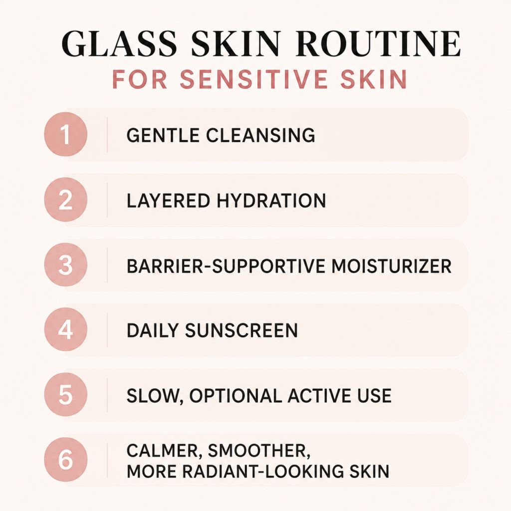 Minimalist diagram showing a glass skin routine for sensitive skin with six steps: gentle cleansing, layered hydration, barrier-supportive moisturizer, daily sunscreen, slow active use, and calmer, more radiant-looking skin.