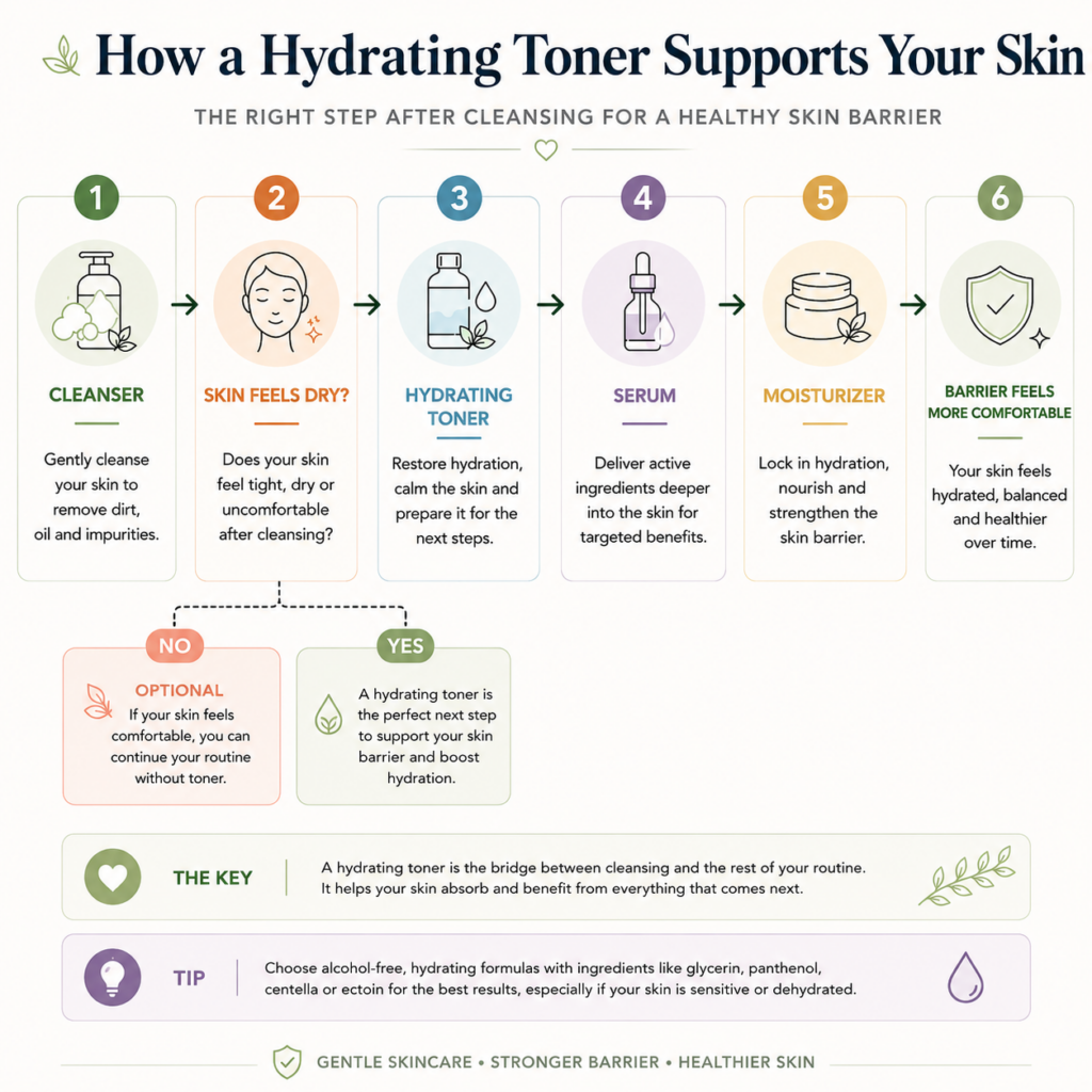 Skincare flowchart showing cleanser, hydrating toner, serum and moisturizer to support hydration and strengthen the skin barrier.