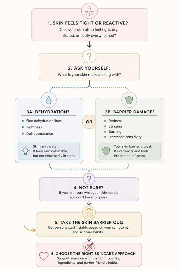 Flowchart showing how to identify whether tight or reactive skin is caused by dehydration or skin barrier damage, with guidance to take a Skin Barrier Quiz before choosing the right skincare routine.