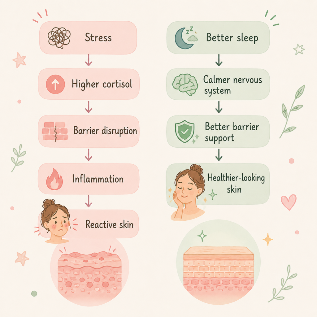Infographic showing how stress increases cortisol, disrupts the skin barrier, causes inflammation and reactive skin, while better sleep supports the nervous system, strengthens the skin barrier, and promotes healthier-looking skin.