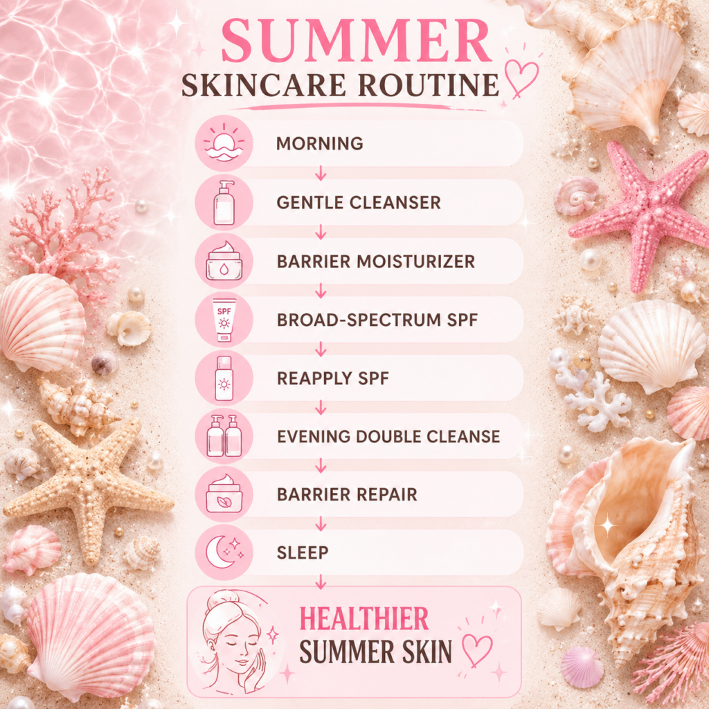 Summer skincare routine infographic showing the correct order of a gentle cleanser, barrier moisturizer, broad-spectrum SPF, SPF reapplication, evening double cleanse, barrier repair, and sleep for healthier glowing summer skin.
