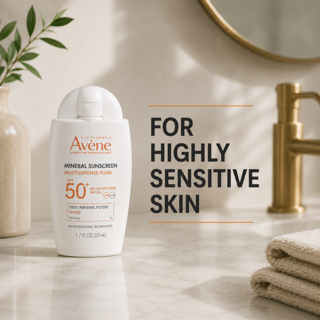 Avène Mineral Sunscreen Multi-Defense Fluid SPF 50+ for highly sensitive skin displayed in a modern bathroom