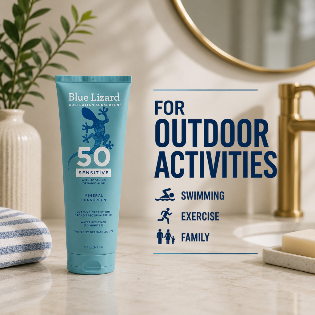 Blue Lizard Sensitive SPF 50 mineral sunscreen for outdoor activities including swimming, exercise, and family use