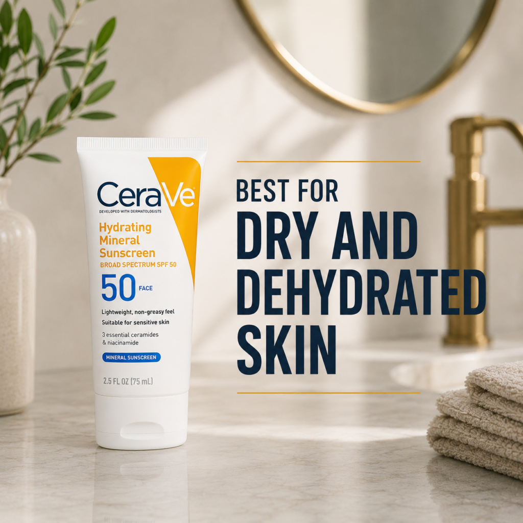 CeraVe Hydrating Mineral Sunscreen SPF 50 for dry and dehydrated skin displayed in a modern bathroom