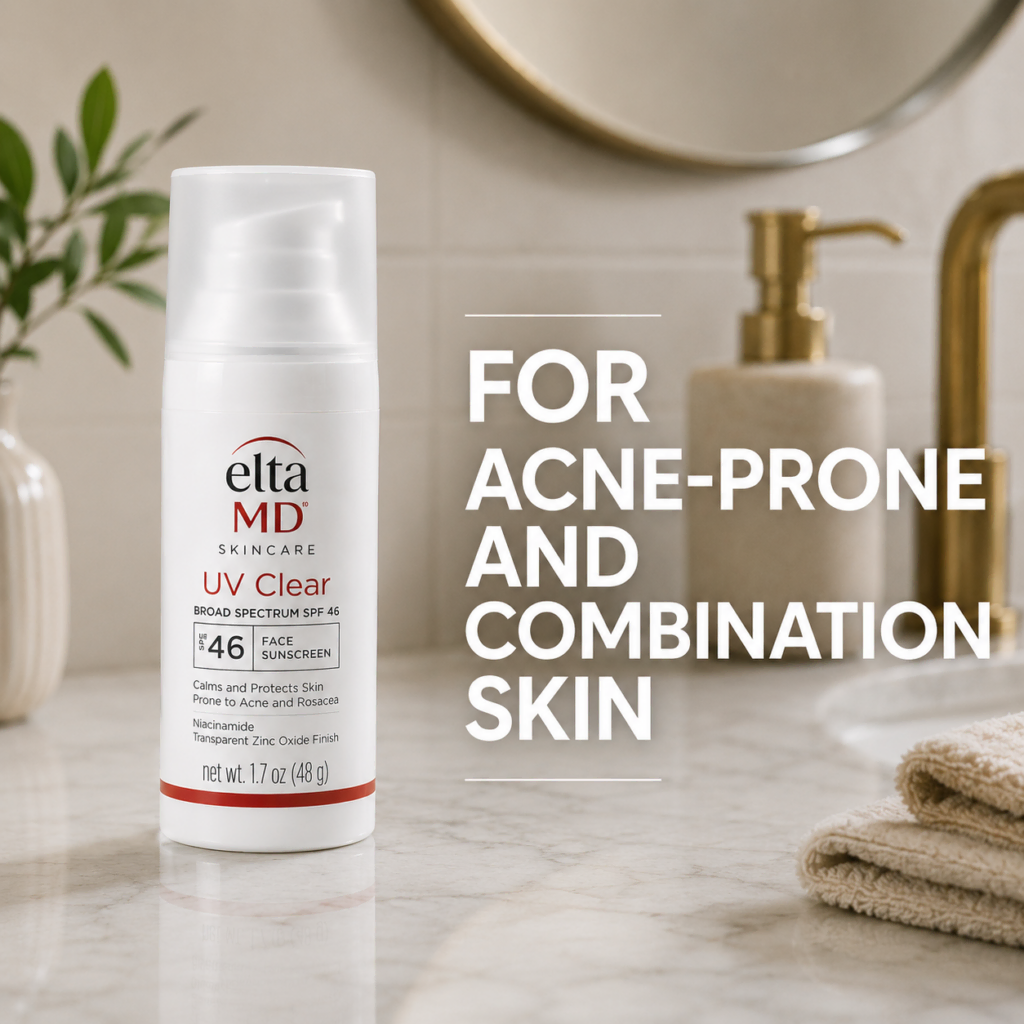 EltaMD UV Clear SPF 46 mineral sunscreen in a modern bathroom setting for acne-prone and combination skin