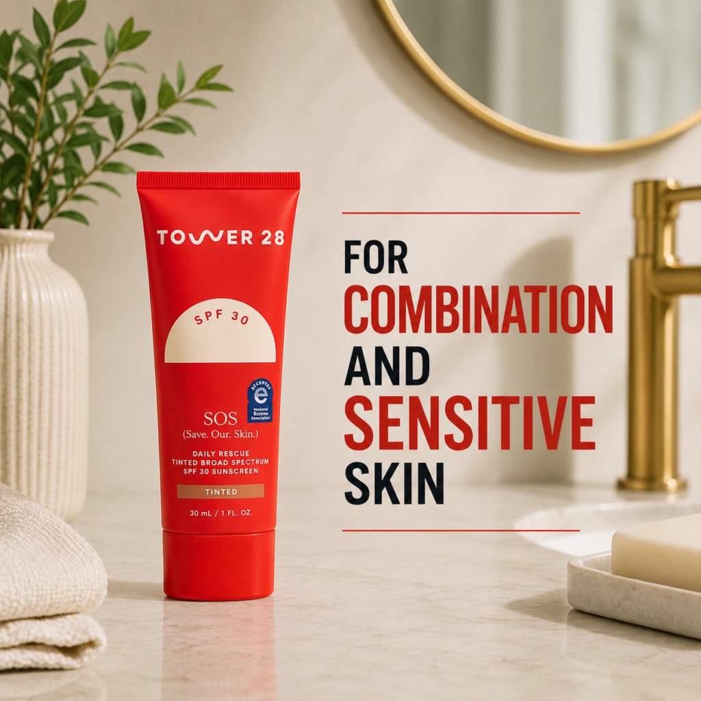 Tower 28 SOS Daily Rescue SPF 30 sunscreen for combination and sensitive skin displayed in a modern bathroom