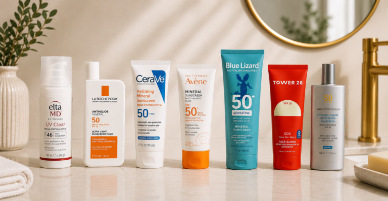 Seven of the best mineral sunscreens for sensitive skin, including EltaMD, La Roche-Posay, CeraVe, Avène, Blue Lizard, Tower 28, and SkinCeuticals.