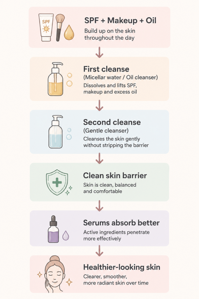Flowchart showing how double cleansing supports the skin barrier: SPF, makeup and excess oil are removed with a micellar water or oil cleanser, followed by a gentle cleanser, leaving the skin barrier clean so serums absorb better and skin looks healthier over time.