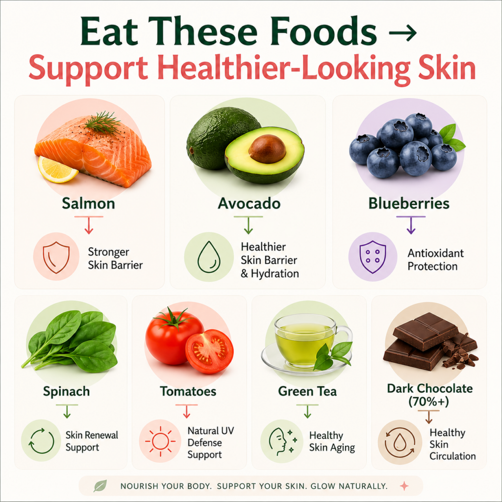 Infographic showing seven science-backed foods that support healthier-looking skin, including salmon, avocado, blueberries, spinach, tomatoes, green tea, and dark chocolate, along with their key skin benefits such as skin barrier support, hydration, antioxidant protection, collagen support, natural UV defense, healthy aging, and circulation.