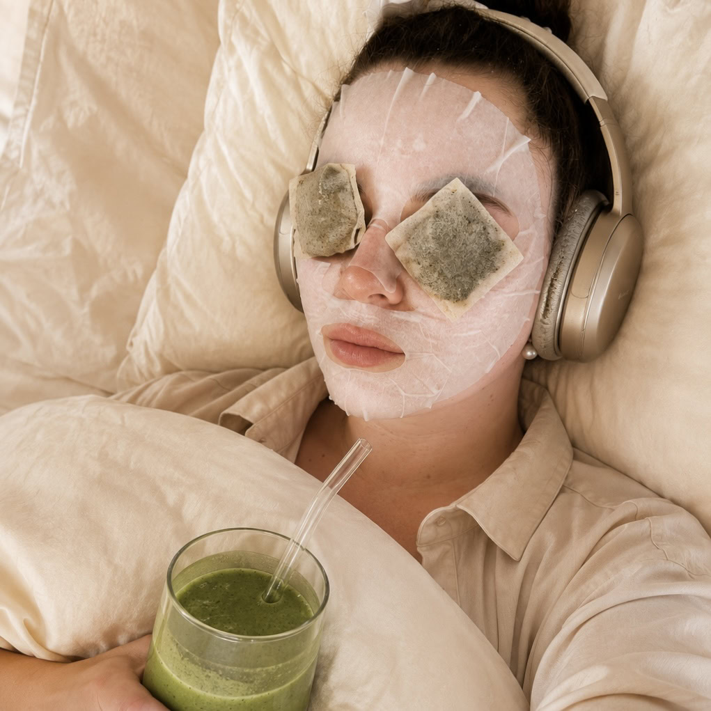 Woman relaxing with a hydrating sheet mask while holding a homemade green smoothie made with spinach and other nutrient-rich ingredients that support healthy glowing skin from within.