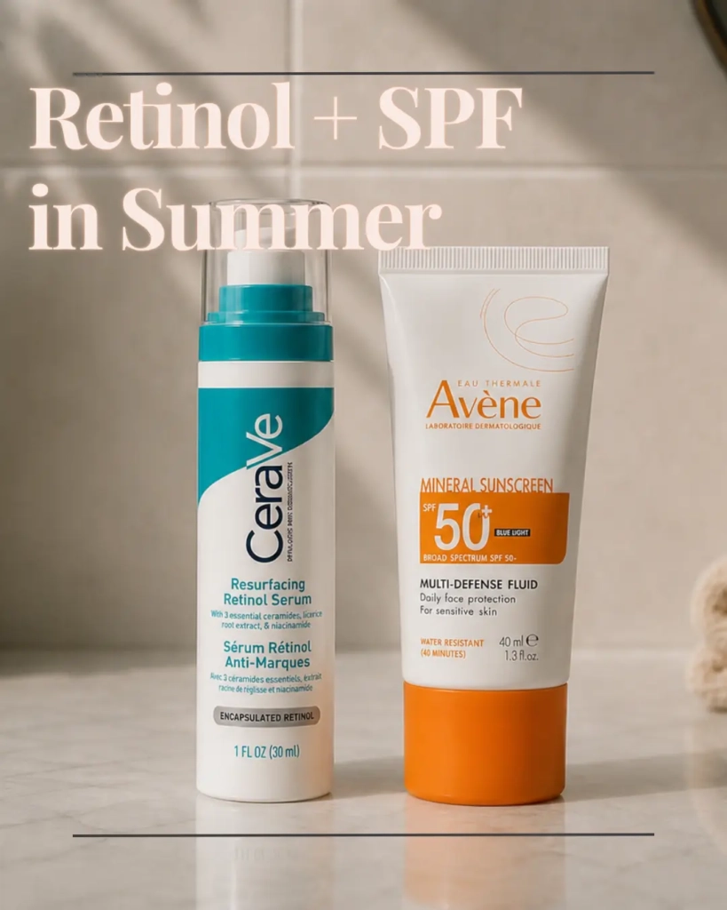 retinol and sunscreen in a summer skincare routine