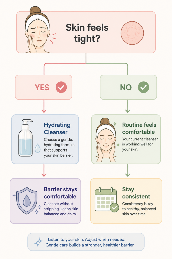 Decision tree showing what to do if your skin feels tight after cleansing. If your skin feels tight, choose a gentle hydrating cleanser to help keep the skin barrier comfortable. If your skin already feels comfortable after cleansing, continue your current routine consistently.