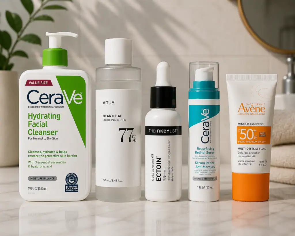 Five skincare products arranged together — a gentle cleanser,
pH-balancing toner, retinol serum, and SPF 50 sunscreen —
representing a simple skin longevity routine
