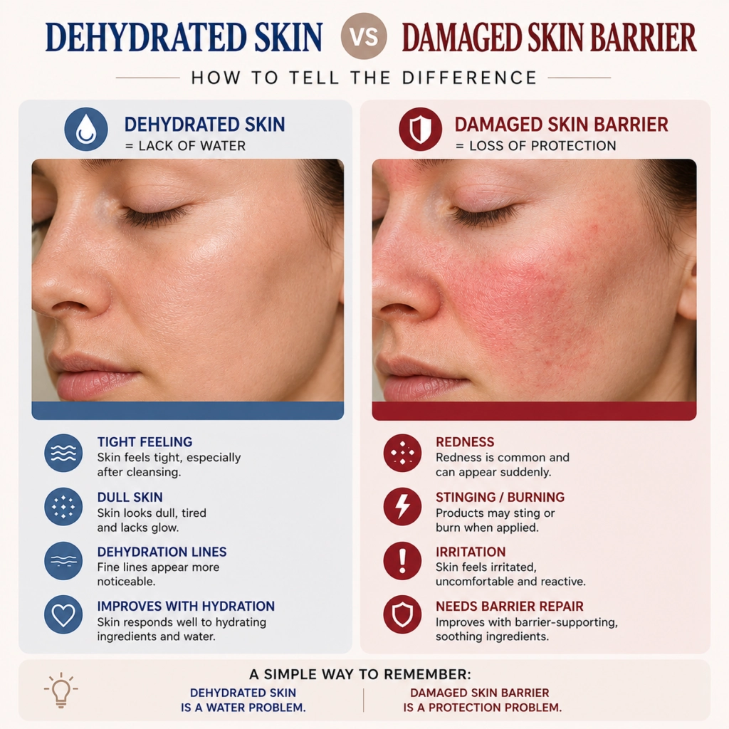 Comparison chart showing dehydrated skin versus damaged skin barrier symptoms