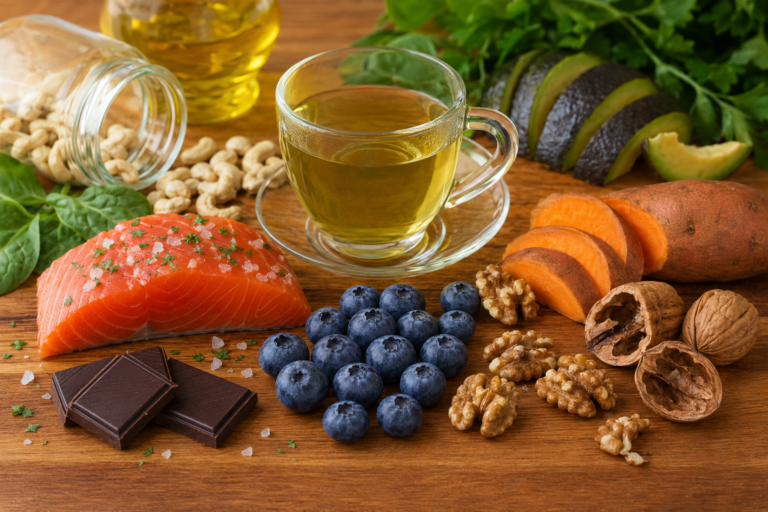 Healthy foods for glowing skin including salmon, blueberries, avocado, green tea, sweet potato, walnuts, dark chocolate, spinach, olive oil, and nuts arranged on a wooden table to support collagen production, skin barrier health, and natural radiance.