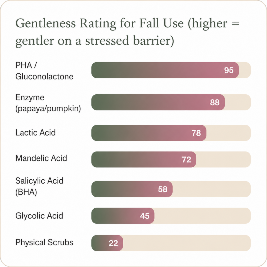 Comparison chart ranking chemical exfoliants by gentleness for fall use on a stressed skin barrier. PHA (Gluconolactone) scores 95, Enzymes 88, Lactic Acid 78, Mandelic Acid 72, Salicylic Acid (BHA) 58, Glycolic Acid 45, and Physical Scrubs 22.