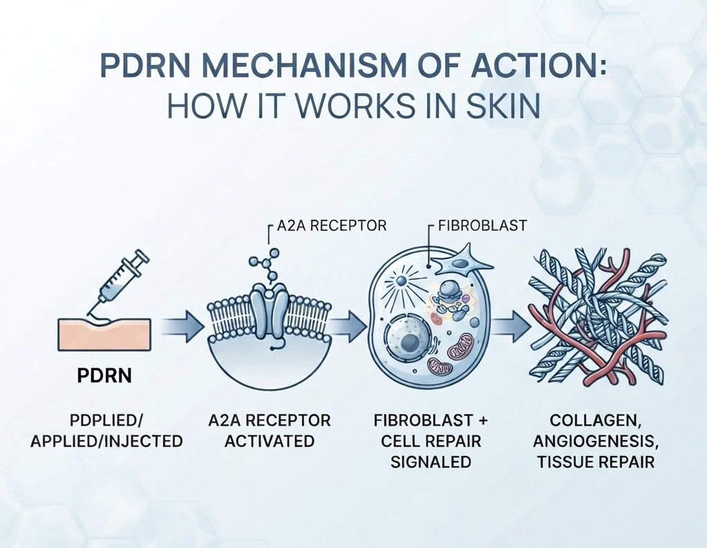 Diagram showing the PDRN mechanism of action in skin: from application to A2A receptor activation and collagen repair.