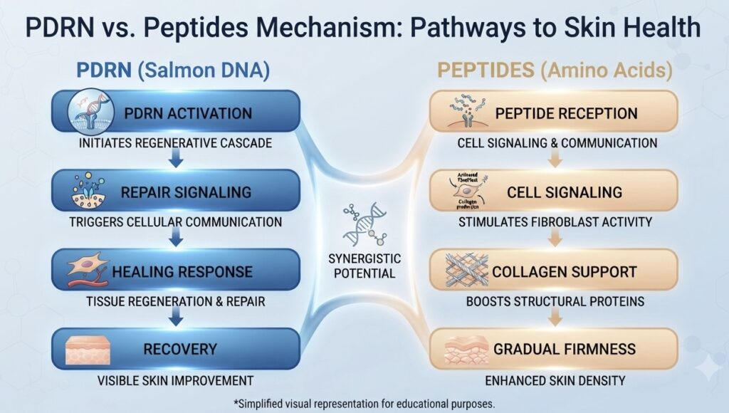 Comparison chart of PDRN and Peptide mechanisms in skin care, showing pathways from activation to recovery and firming.⁠
